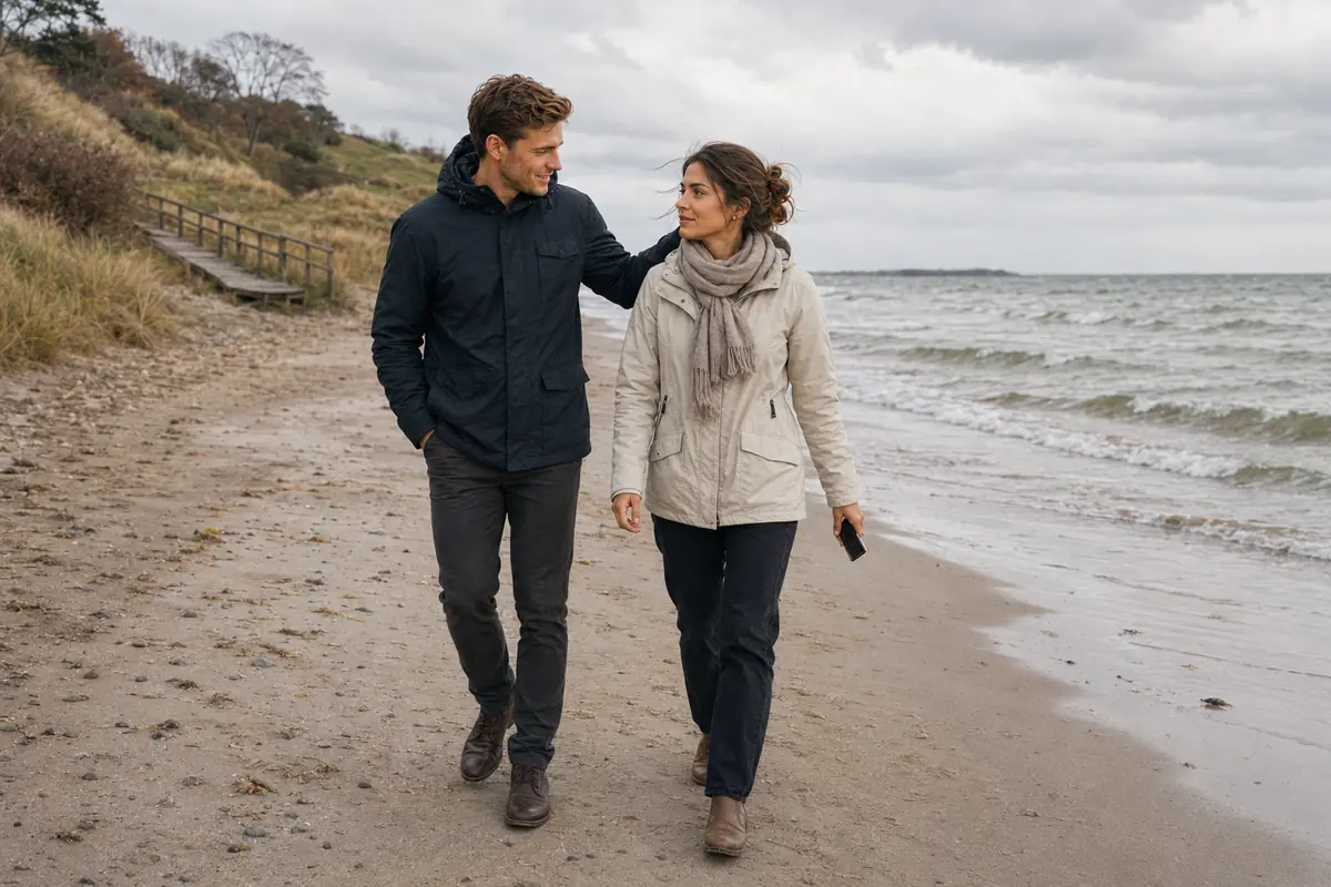 Pauline und Cornelius spazieren an einem windigen Novembertag am Strand