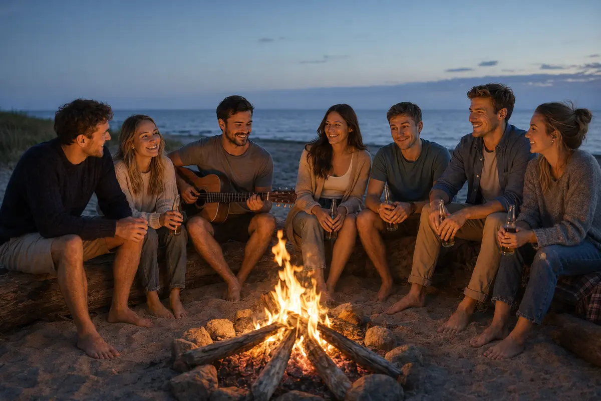 Freunde sitzen am Strand von Gager um ein Lagerfeuer